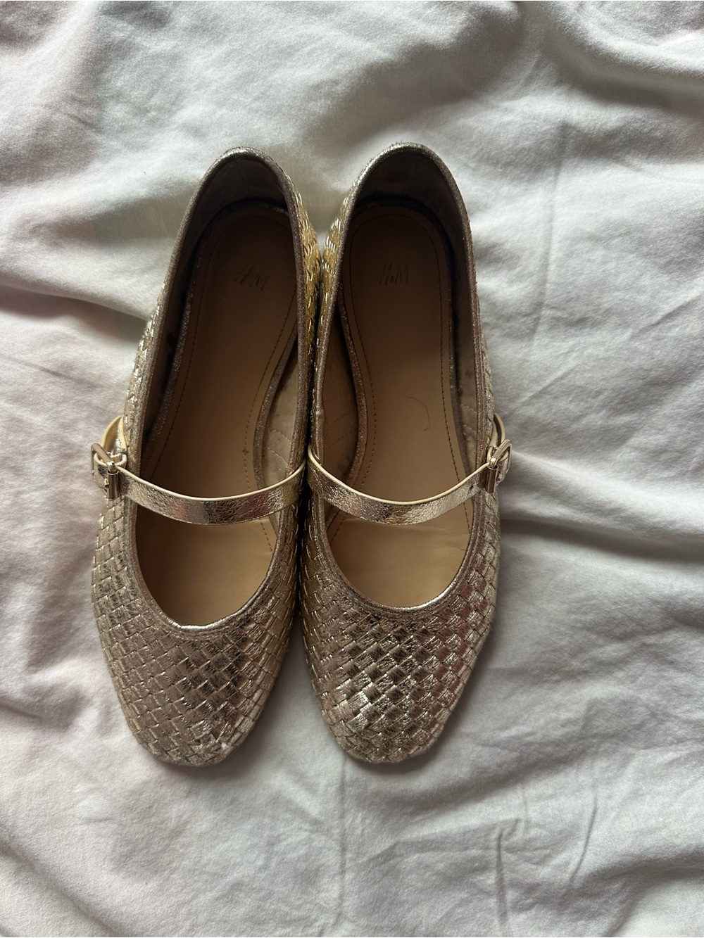H&M Woven Metallic Mary Jane Ballet Flats Silver Gold Textured Size 37